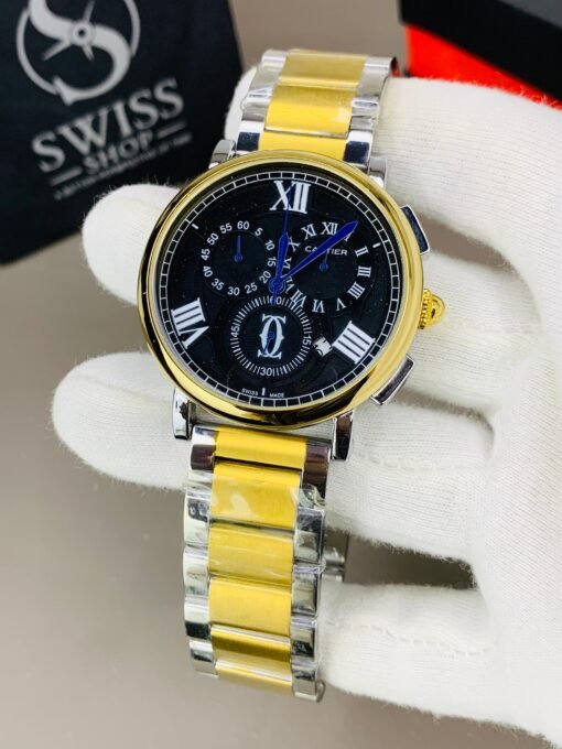 Cartier Black Dial With Golden And Silver Chain ( Chnograph Working )