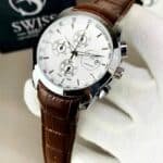 Silver Chrnograph Working With Brown Leather Strap