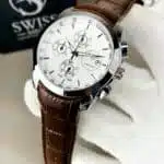 Silver Chrnograph Working With Brown Leather Strap