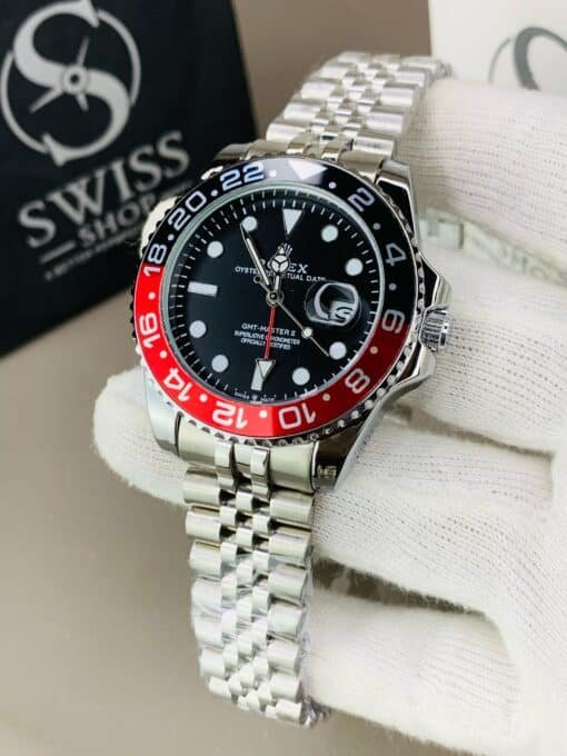 GMT Black Dial Red And Black Case With Silver Chain