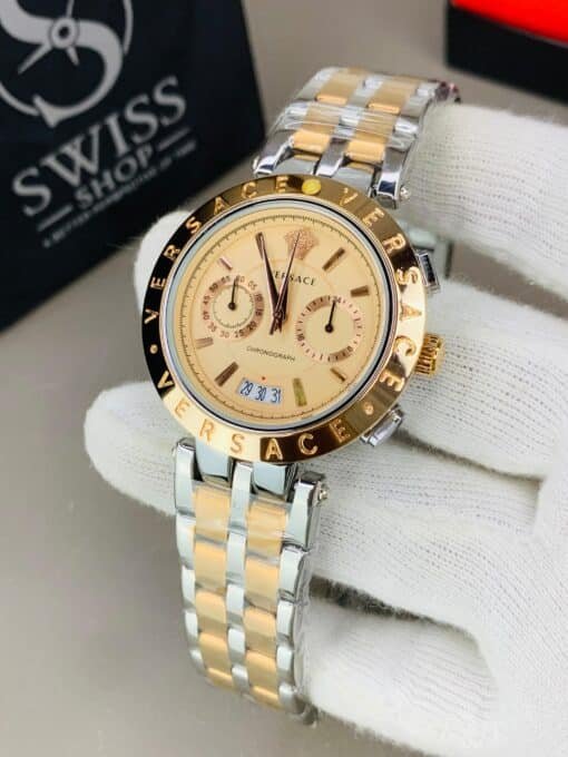 Versace Chronograph Watch - Gold Dial Two-Tone Chain