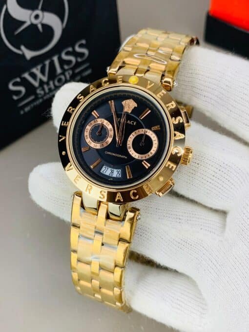 Versace Chronograph Watch - Black Dial Golden Chain