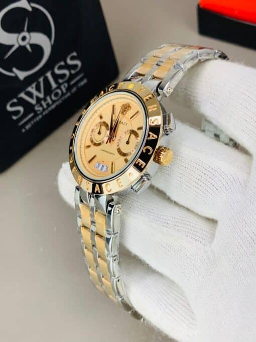 Versace Chronograph Watch - Gold Dial Two-Tone Chain - Image 3