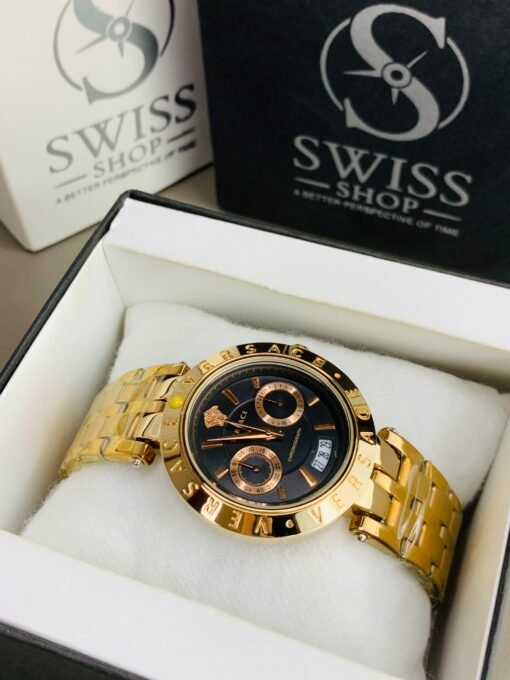 Versace Chronograph Watch - Black Dial Golden Chain - Image 2