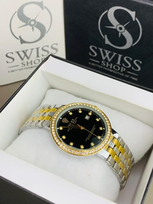 RLX Stones Watch Black Dial With Silver Golden Chain - Image 2