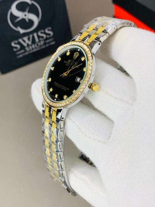RLX Stones Watch Black Dial With Silver Golden Chain - Image 3