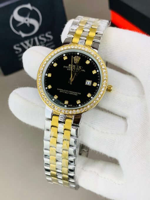RLX Stones Watch Black Dial With Silver Golden Chain