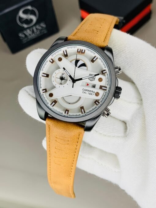 Tag Heuer Carrera Calibre 1887 Chronograph – White Dial Black Case With Brown Strap
