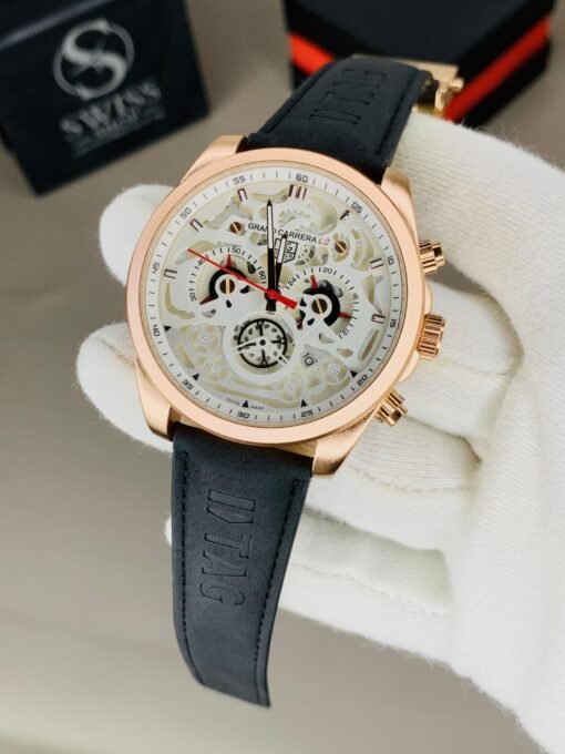 Tag Heuer Grand Carrera LS Skeleton Dial – White Dial Rose Gold Case With Black Strap (Chronograph Working)