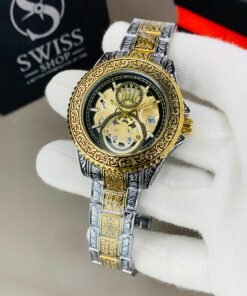 Engraved Black And Golden Case Golden Silver Chain