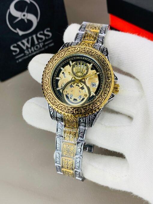 Engraved Black And Golden Case Golden Silver Chain