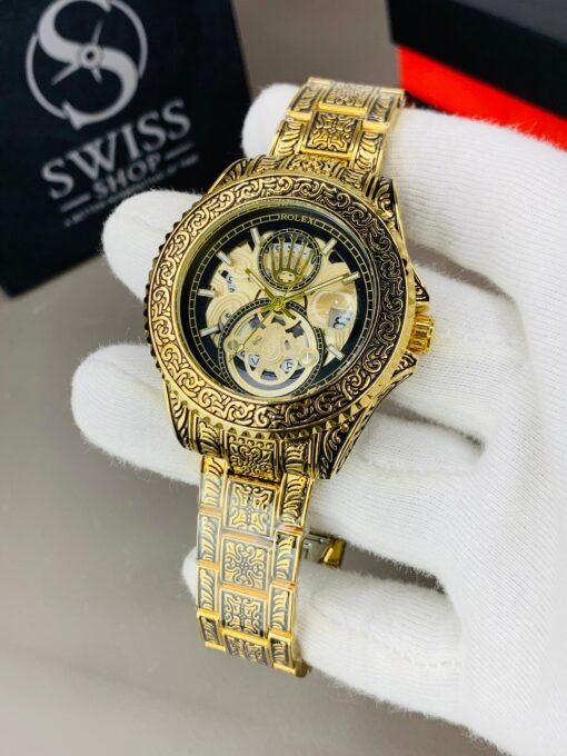 Engraved Black And Golden Case Golden Chain